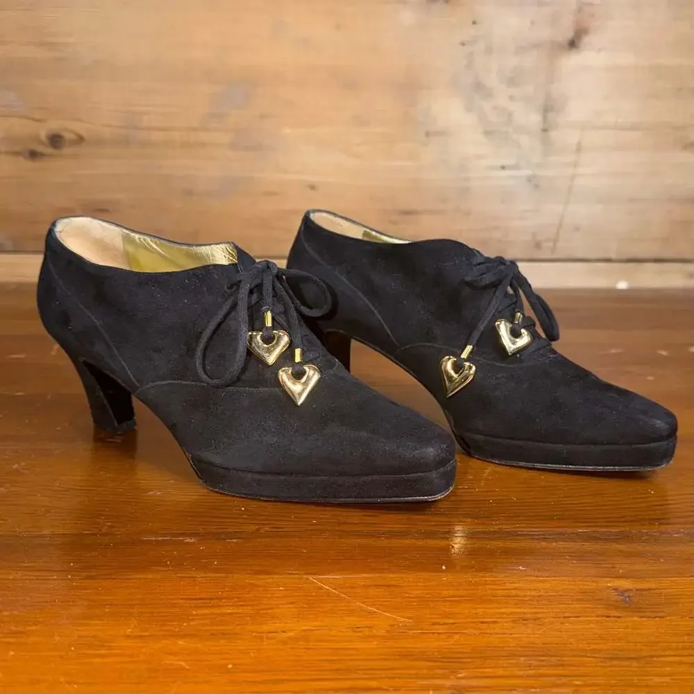 Escada Black Suede Gold Heart Charm Lace-Up Oxford Platform Heel Shoes